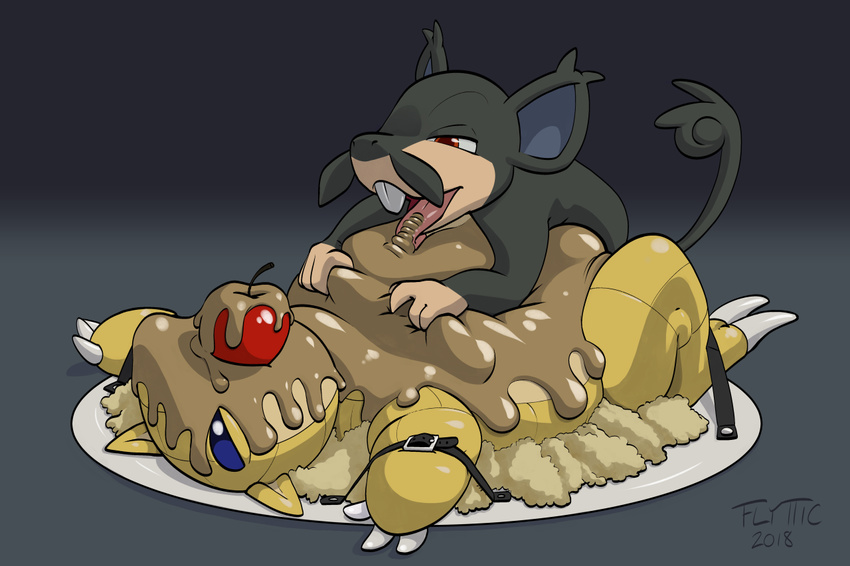2018 alolan_rattata apple bdsm bondage bound claws digital_media_(artwork) duo feral feral_on_feral flyttic_(artist) food food_play fruit grabbing gravy hi_res implied_anal leather licking mammal mashed_potatoes moobs nintendo pok&eacute;mon pok&eacute;mon_(species) rattata rodent sandshrew simple_background tongue tongue_out video_games