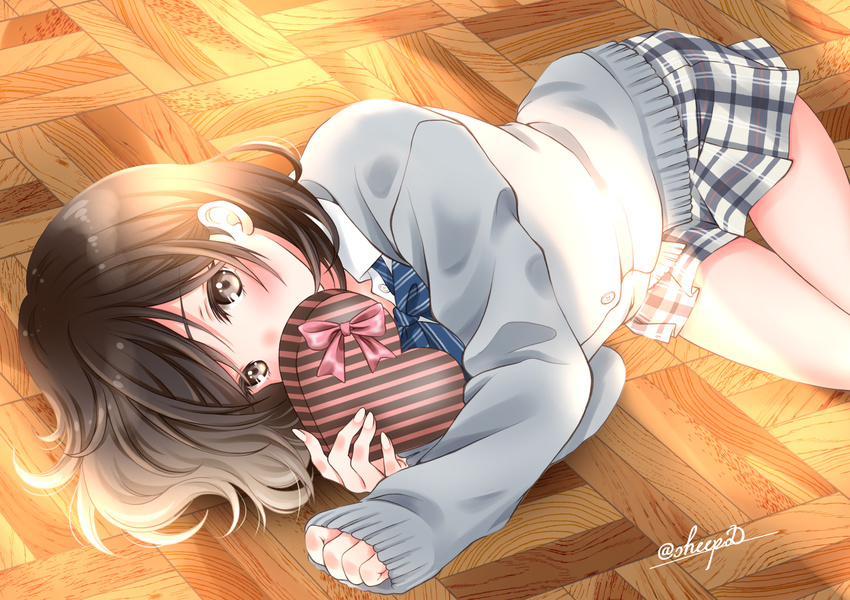 artist_name bangs blush box brown_eyes brown_hair cardigan commentary_request covered_mouth eyebrows_visible_through_hair gift gift_box grey_cardigan heart heart-shaped_box holding holding_gift indoors long_sleeves looking_at_viewer lying on_floor on_side original plaid plaid_skirt pleated_skirt ribbon school_uniform sheepd shirt short_hair skirt solo thighs uniform valentine white_shirt wooden_floor