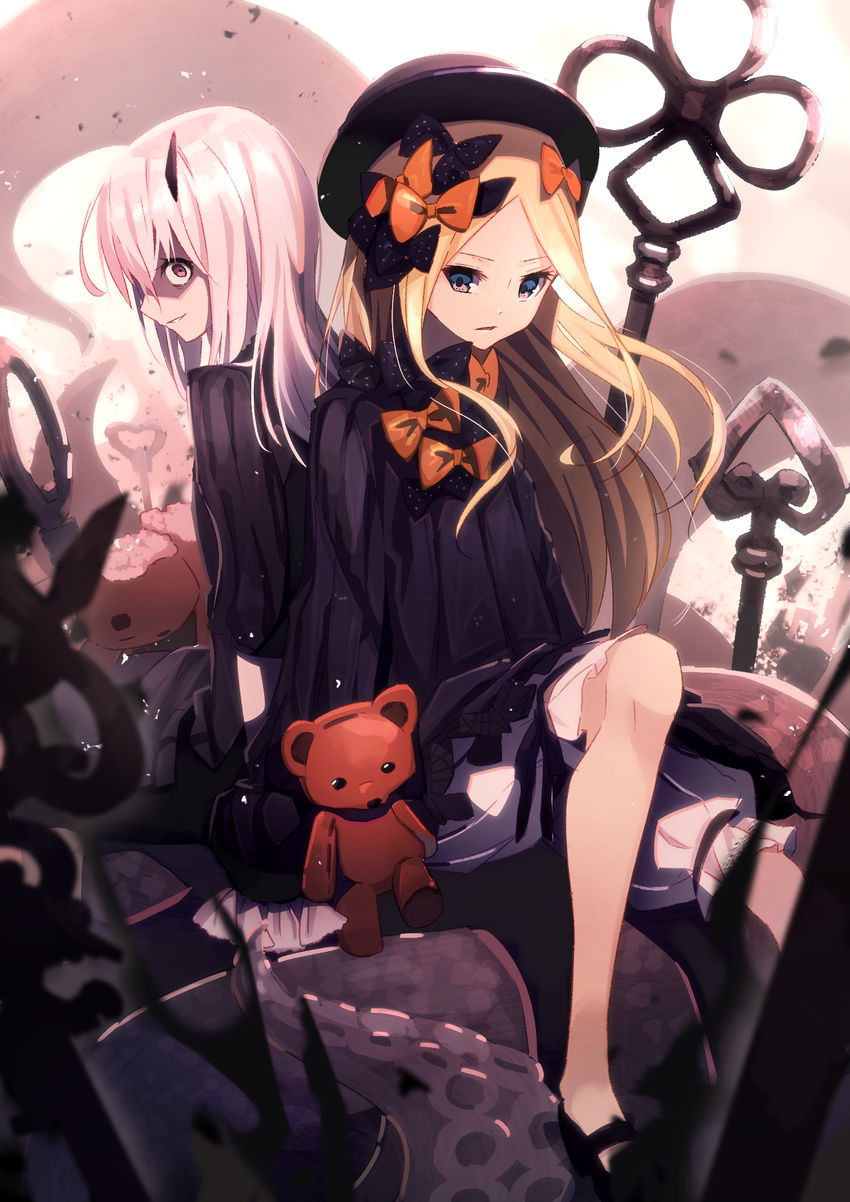 abigail_williams_(fate/grand_order) anzi arm_support back-to-back bad_id bad_pixiv_id bangs black_bow black_dress black_footwear black_hat blonde_hair bloomers bow bug butterfly commentary_request dress fate/grand_order fate_(series) grin hair_bow hat highres horn insect key lavinia_whateley_(fate/grand_order) long_hair long_sleeves looking_at_viewer looking_back mary_janes multiple_girls orange_bow oversized_object parted_bangs parted_lips pink_eyes polka_dot polka_dot_bow shaded_face shoes silver_hair sleeves_past_fingers sleeves_past_wrists smile stuffed_animal stuffed_toy suction_cups teddy_bear tentacles underwear very_long_hair white_bloomers