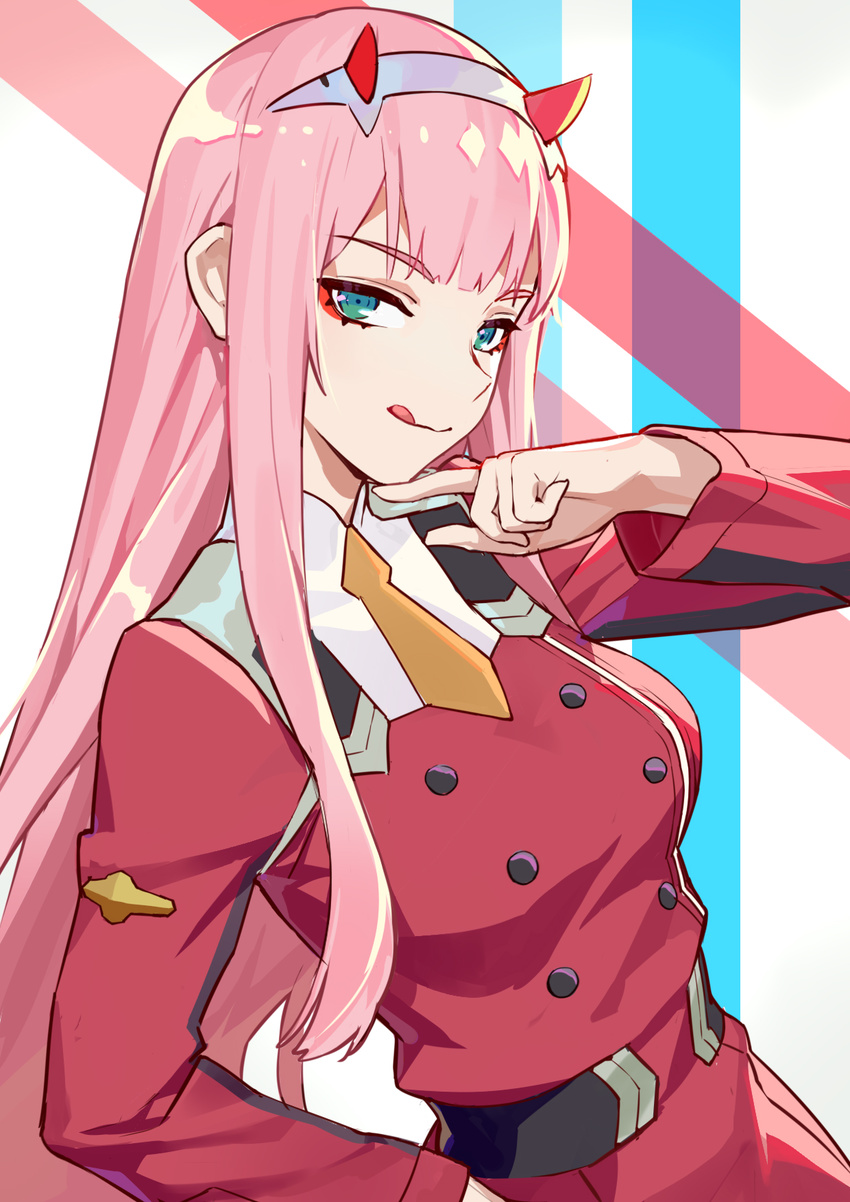 :q aqua_eyes arm_up bangs belt blunt_bangs breasts closed_mouth coat darling_in_the_franxx double-breasted eyeshadow finger_to_chin hairband highres horns jinyuan712 long_hair long_sleeves looking_at_viewer makeup medium_breasts military military_uniform multicolored multicolored_background necktie orange_neckwear red_coat sidelocks smile solo straight_hair tongue tongue_out tsurime uniform upper_body very_long_hair white_hairband zero_two_(darling_in_the_franxx)