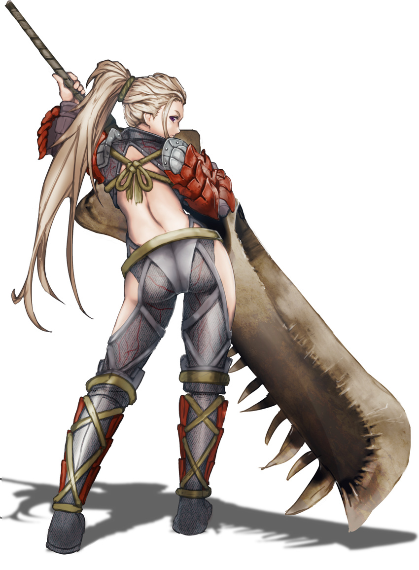 arm_up armor ass back backless_outfit bare_back blonde_hair closed_mouth commentary_request from_behind full_body greatsword hand_up high_ponytail highres hip_vent holding holding_sword holding_weapon huge_weapon long_hair looking_at_viewer looking_back monster_hunter monster_hunter:_world odogaron_(armor) pants ponytail purple_eyes sakae91 shoulder_armor solo spaulders standing sword very_long_hair weapon