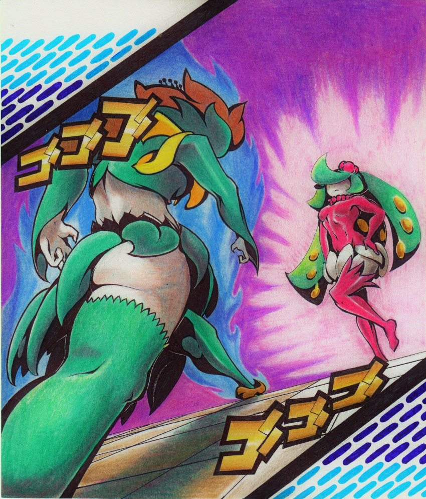 2016 breasts butt clothed clothing duo featureless_breasts female flora_fauna fully_clothed green_hair hair hand_on_hip japanese_text jojo's_bizarre_adventure legwear lilligant long_hair navel nintendo not_furry orange_hair parody plant pok&eacute;mon pok&eacute;mon_(species) pok&eacute;morph pseudo_clothing rear_view simple_background small_breasts standing text tile_floor traditional_media_(artwork) tsareena video_games villaineee walking white_skin
