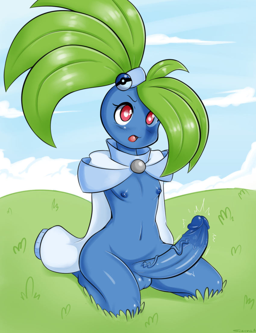 2018 anthro balls big_penis blue_skin bottomless clothed clothing flora_fauna hair leaf_hair male nintendo nipples not_furry oddish penis plant pok&eacute;mon pok&eacute;mon_(species) red_eyes shadowill video_games