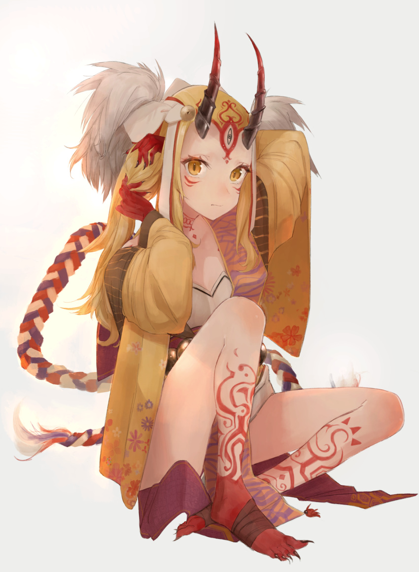 1girl blonde_hair fate/grand_order fate_(series) fixing_hair horns ibaraki_douji_(fate/grand_order) japanese_clothes kimono legs long_hair looking_at_viewer monster_girl oni simple_background sitting slit_pupils tattoo toenails white_background yellow_eyes