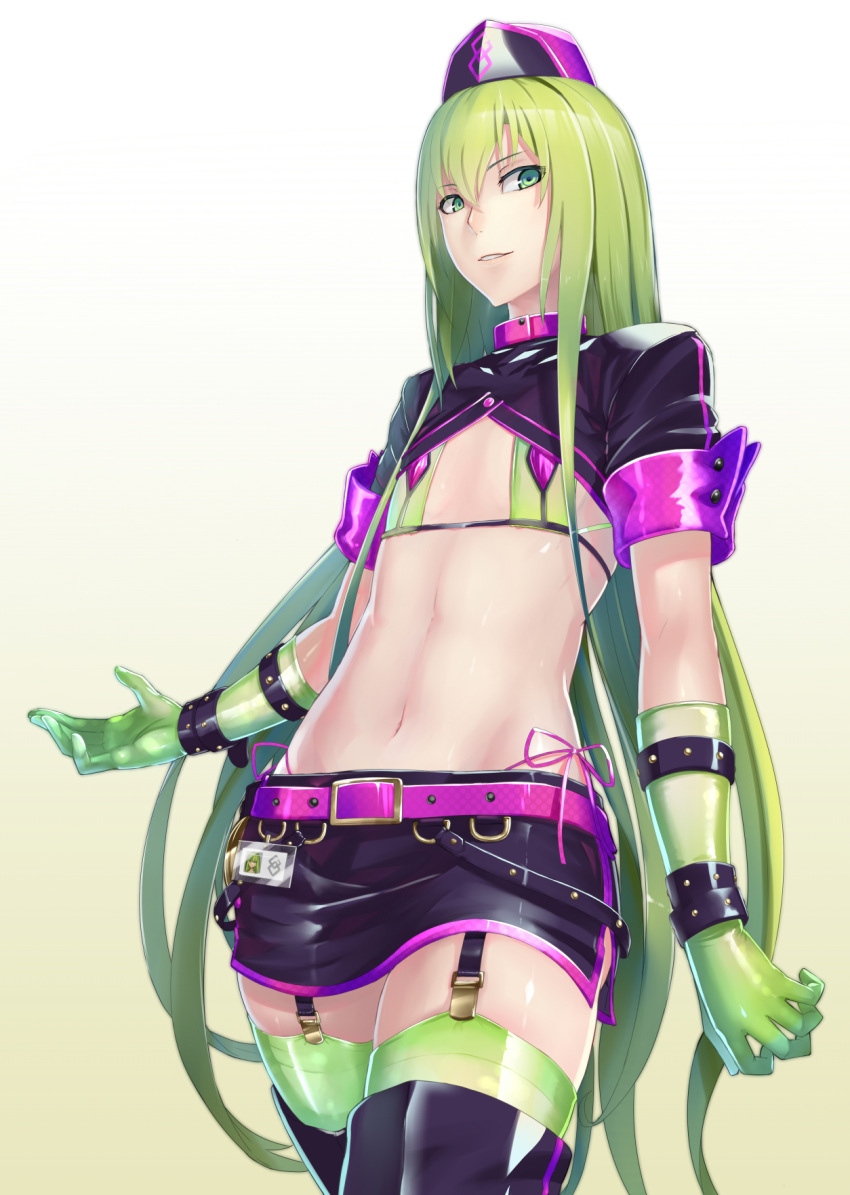 belt bikini black_legwear cosplay crossdressing enkidu_(fate/strange_fake) fate/grand_order fate/strange_fake fate_(series) flat_chest florence_nightingale_(fate/grand_order) florence_nightingale_(fate/grand_order)_(cosplay) gloves green_bikini green_eyes green_gloves green_hair green_legwear hat highres jikeshi long_hair navel otoko_no_ko purple_bikini shrug_(clothing) side-tie_bikini skirt smile solo swimsuit thighhighs trick_or_treatment