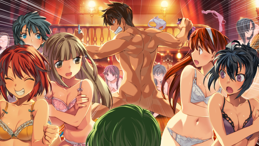 6+girls ass back bare_arms bare_shoulders black_hair blonde_hair blue_eyes bra braid breasts candle cleavage clenched_teeth eyes_closed fire floating_hair game_cg glasses green_hair hairband happy harem highres indoors long_hair looking_back medium_breasts multiple_girls navel open_mouth original orion_(orionproject) panties pink_bra pink_panties purple_bra purple_eyes rance_(series) rance_10:_kessen red_hair short_hair small_breasts smile standing twin_braids underwear white_bra white_panties yellow_bra