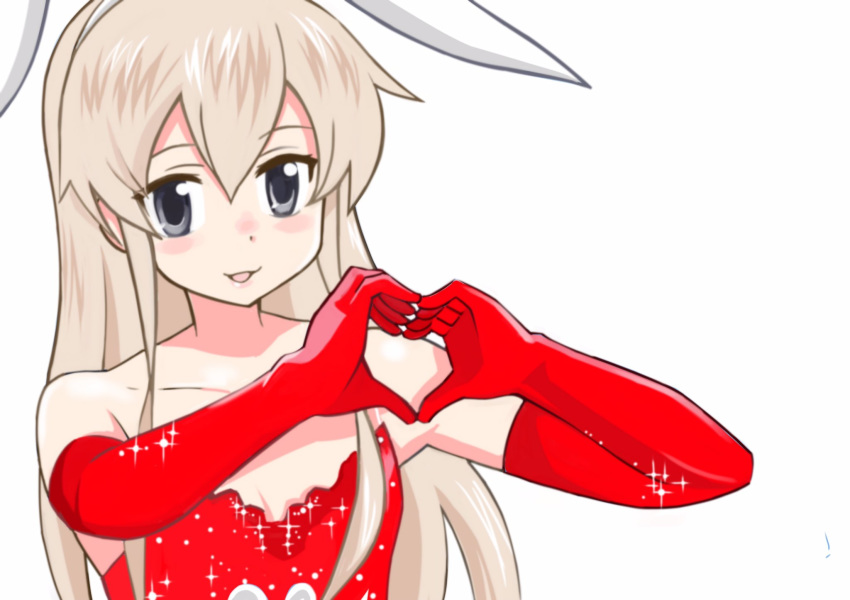 animal_ears blonde_hair breasts bunny_ears commentary_request elbow_gloves fake_animal_ears gloves green_eyes hairband heart heart_hands highres inoue_kousei kantai_collection lipstick long_hair makeup off_shoulder open_mouth sequins shimakaze_(kantai_collection) sidelocks small_breasts smile solo upper_body white_background
