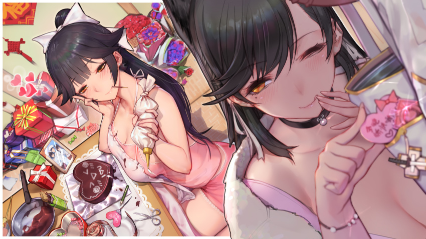 apron atago_(azur_lane) azur_lane bangs black_hair bow breasts cleavage commentary_request condom condom_wrapper finger_to_mouth food gift gorgeous_mushroom hair_bow heart highres icing large_breasts md5_mismatch multiple_girls pastry_bag pocky ponytail smile swept_bangs takao_(azur_lane) valentine