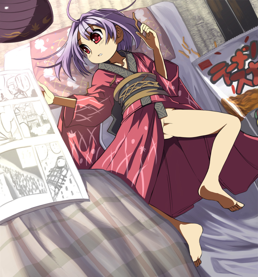 ahoge bag bare_legs barefoot blanket bowl collarbone commentary crotch eyebrows_visible_through_hair food highres holding holding_food japanese_clothes kimono long_sleeves lying manga_(object) minigirl no_panties obi on_back parted_lips partially_visible_vulva pillow purple_hair reading red_eyes red_kimono sash shope short_hair solo spread_legs sukuna_shinmyoumaru tatami touhou translated wide_sleeves