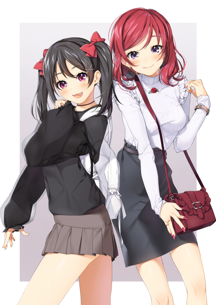 bag black_hair breasts casual earrings hair_ornament hairclip highres jewelry love_live! love_live!_school_idol_project medium_breasts multiple_girls nishikino_maki open_mouth pencil_skirt purple_eyes red_eyes red_hair short_hair skirt smile twintails yana_mori yazawa_nico