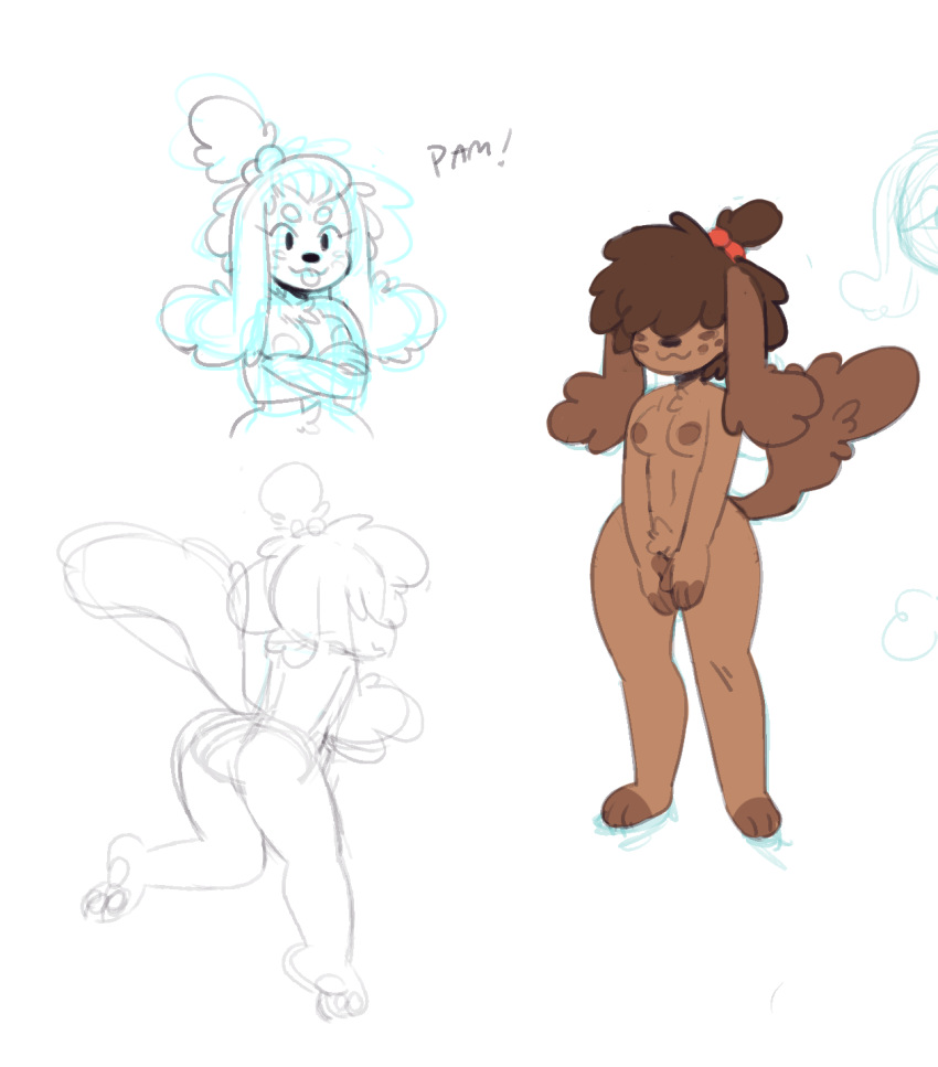 ! 3_toes anthro black_nose breasts brown_hair brown_nipples brown_tail butt canine covering covering_crotch covering_self dog female fluffy fluffy_tail freckles front_view hair hair_over_eyes long_ears mammal multiple_poses nipples nude pam_(stylusknight) pose rear_view simple_background sketch sketch_page smile solo standing stylusknight text toes tongue tongue_out white_background wide_hips