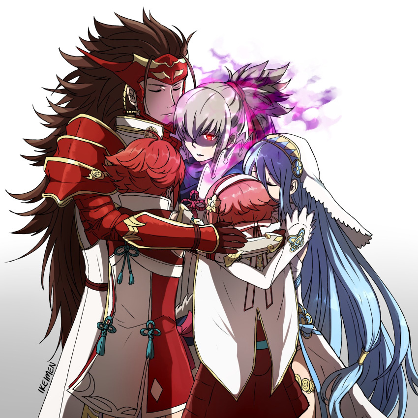 armor brother_and_sister brothers brown_hair commentary fire_emblem fire_emblem_heroes fire_emblem_if grey_hair highres hinoka_(fire_emblem_if) hug ikeimen japanese_clothes mamkute ponytail red_eyes red_hair ryouma_(fire_emblem_if) sakura_(fire_emblem_if) siblings sisters takumi_(fire_emblem_if)