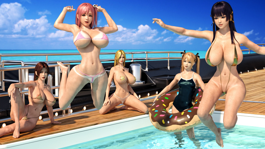 3d 5girls arms_up barefoot bikini blonde_hair breasts brown_hair cleavage collar dead_or_alive earrings erect_nipples erect_nipples_under_clothes fatal_fury feet female hair_ornament helena_douglas honoka_(doa) jewelry jumping king_of_fighters light-skinned long_hair marie_rose multiple_girls navel nipples nyotengu one-piece_swimsuit outdoors pool shiranui_mai sitting sling_swimsuit snk source_filmmaker spread swimsuit tanline thong tied_hair toes twintails underwear v1z3t4 very_long_hair water