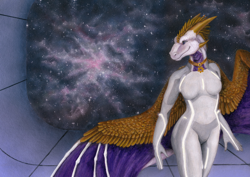 2018 anthro blue_eyes dragon female gold_(metal) gold_jewelry gold_necklake golden_feathers golden_horns horn inside jewelry membranous_wings multicolored_skin painting_(artwork) purple_wings samantha-dragon sky solo space spacescape standing star starry_sky tir-goldeness traditional_media_(artwork) tron_clothing tron_legacy white_skin wings