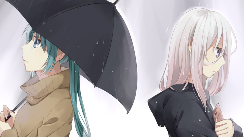 2girls bangs black_jacket black_umbrella blue_eyes brown_sweater cellphone closed_mouth commentary_request earrings eyebrows_visible_through_hair fingernails glint green_hair hachimitsu_honey hair_between_eyes hatsune_miku holding holding_cellphone holding_phone holding_umbrella hood hood_down hooded_jacket ia_(vocaloid) jacket jewelry long_hair looking_away looking_down looking_up multiple_girls parted_lips phone purple_eyes rain stud_earrings sweater tears umbrella upper_body very_long_hair vocaloid white_hair