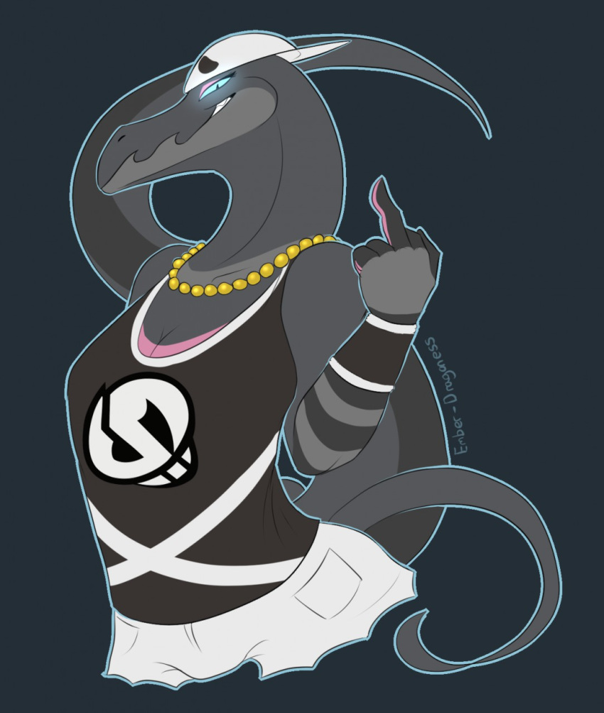 2018 5_fingers anthro black_background black_skin blue_eyes breasts clothed clothing ember-dragoness female fully_clothed grey_skin grin looking_at_viewer middle_finger nintendo pok&eacute;mon pok&eacute;mon_(species) salazzle sharp_teeth shirt shorts simple_background slit_pupils smile snout solo standing tank_top teeth video_games