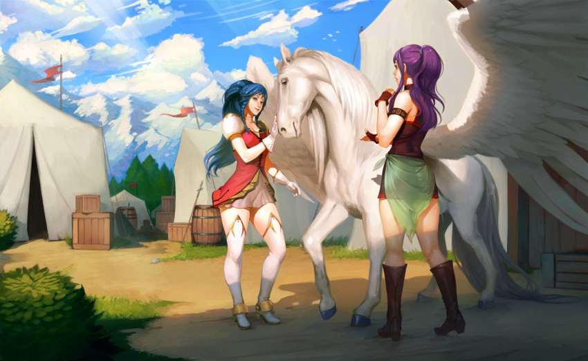 armlet armor bare_shoulders blue_eyes blue_hair braid day fingerless_gloves fire_emblem fire_emblem:_seima_no_kouseki gloves long_hair marica_(fire_emblem) multiple_girls ochrejelly open_mouth pegasus_knight pink_hair ponytail purple_eyes purple_hair sky sword tana tent thighhighs weapon zettai_ryouiki