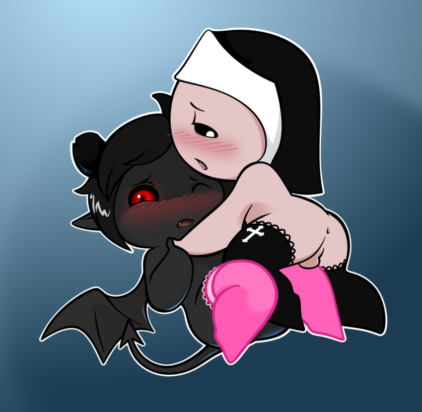 anus azazel_(tboi) balls blush clothed clothing crossdressing cute demon demon_horns fangs horn human humanoid isaac_(tboi) legwear male male/male mammal not_furry nun red_eyes stockings suspendedpain the_binding_of_isaac the_binding_of_isaac_rebirth thigh_highs wings