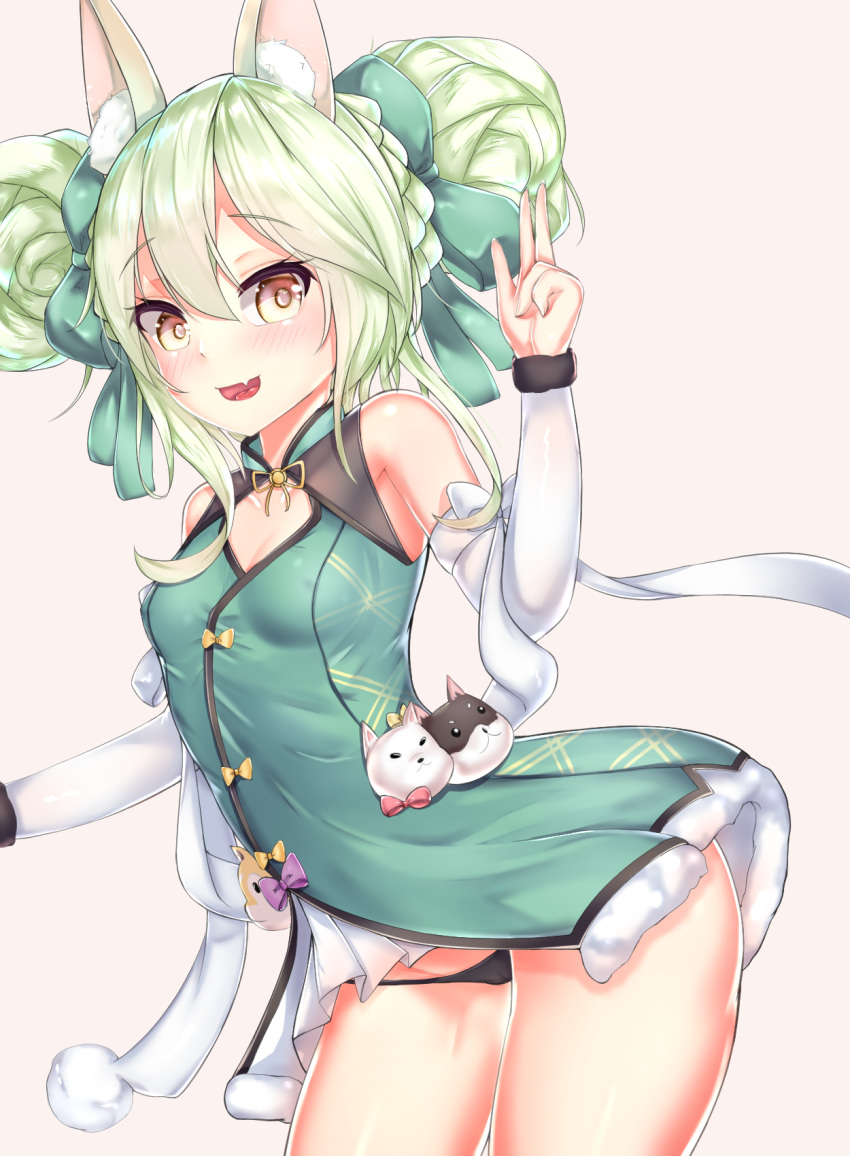 1girl animal_ears art556 art556_(girls_frontline) bare_shoulders black_panties bow cowboy_shot detached_sleeves erect_nipples erect_nipples_under_clothes eyebrows_visible_through_hair female fox_ears girls_frontline gmkj green_bow green_hair hair_between_eyes hair_bow looking_at_viewer looking_to_the_side multiple_bows open_mouth panties petite small_breasts solo underwear