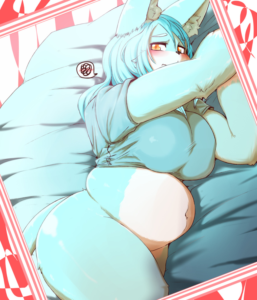 2017 anthro bed big_breasts blue_fur blue_hair blush bottomless breasts clothed clothing fdokkaku female fur hair kemono looking_at_viewer mammal multicolored_fur on_bed orange_eyes overweight overweight_female solo thick_thighs two_tone_fur voluptuous yellow_eyes