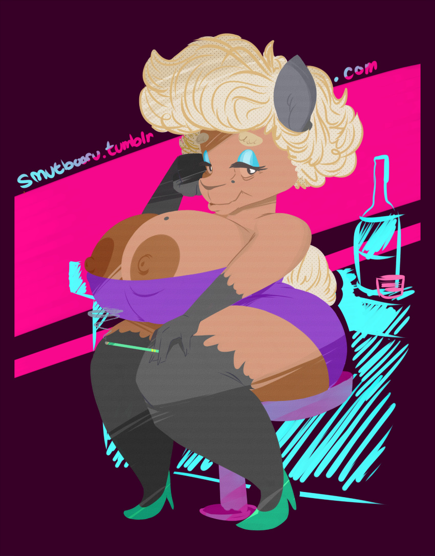 2016 anthro areola beauty_mark big_areola big_breasts blonde_hair bottle breasts caprine cigarette cleavage clothed clothing digital_media_(artwork) erect_nipples eyeshadow female footwear fully_clothed hair hand_on_thigh helbaa_(smutbooru) high_heels holding_object huge_breasts looking_at_viewer makeup mammal mature_female nipples raised_arm sheep shoes short_hair shot_glass sitting skimpy smile smoke smutbooru solo stool thick_thighs voluptuous wide_hips