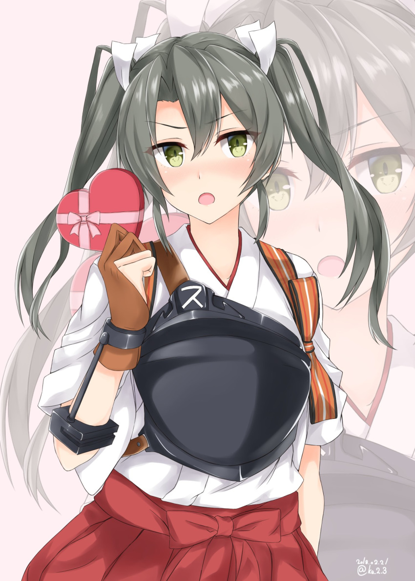 :o arm_at_side bangs blush bow box brown_gloves dated eyebrows_visible_through_hair gift gloves green_eyes green_hair hair_ribbon heart-shaped_box highres holding holding_gift japanese_clothes ka_tsumi kantai_collection kimono looking_at_viewer muneate nose_blush open_mouth partly_fingerless_gloves pink_background pink_bow red_skirt ribbon sidelocks simple_background skirt solo tasuki twitter_username upper_body v-shaped_eyebrows valentine white_kimono white_ribbon yugake zoom_layer zuikaku_(kantai_collection)