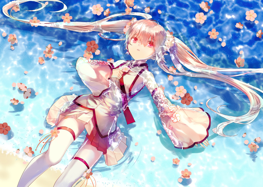 1girl bangs beach commentary_request detached_sleeves eyebrows_visible_through_hair fingernails flower flower_on_liquid hair_between_eyes hair_flower hair_ornament hatsune_miku highres long_sleeves lying on_back partially_submerged pink_flower pink_hair pleated_skirt red_eyes sakura_miku sand shallow_water shirt skirt sleeves_past_wrists solo thighhighs twintails vocaloid water white_legwear white_shirt white_skirt wide_sleeves xinta