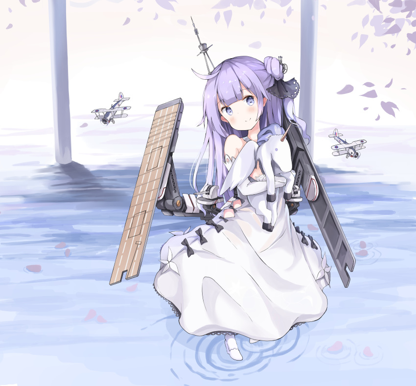 absurdres ahoge aircraft airplane azur_lane bangs bare_shoulders biplane black_bow black_ribbon blush bow closed_mouth eyebrows_visible_through_hair flight_deck hair_bun hair_ribbon halterneck head_tilt highres long_hair looking_at_viewer one_side_up pantyhose petals purple_eyes purple_hair ribbon shoes side_bun smile sobmarine solo standing stuffed_alicorn stuffed_animal stuffed_toy swordfish_(airplane) unicorn_(azur_lane) very_long_hair white_footwear white_legwear