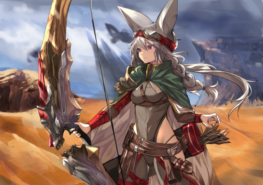 animal_ears arrow bangs belt bow bow_(weapon) braid breasts cape closed_mouth commentary_request copyright_request day desert eyebrows_visible_through_hair goggles goggles_on_head green_cape grey_leotard haik hair_between_eyes highleg highleg_leotard highleg_panties holding holding_weapon leotard long_hair long_sleeves medium_breasts multicolored multicolored_cape multicolored_clothes outdoors panties purple_eyes quiver ready_to_draw sand silver_hair solo underwear weapon