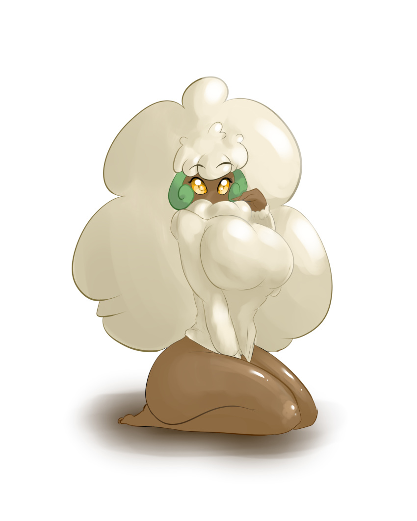 2012 amber_eyes barefoot big_breasts bottomless breasts brown_skin clothed clothing female fluffy hair hi_res humanoid kaboozle kneeling looking_at_viewer nintendo pok&eacute;mon pok&eacute;mon_(species) pok&eacute;morph shy simple_background sitting solo sweater thick_thighs video_games whimsicott white_background whitney
