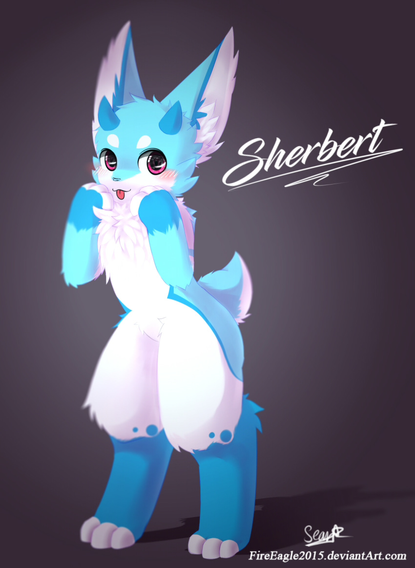 &lt;3 2018 blush cute fan_character horn kemono lagomorph male mammal rabbit senz sherbert standing tongue