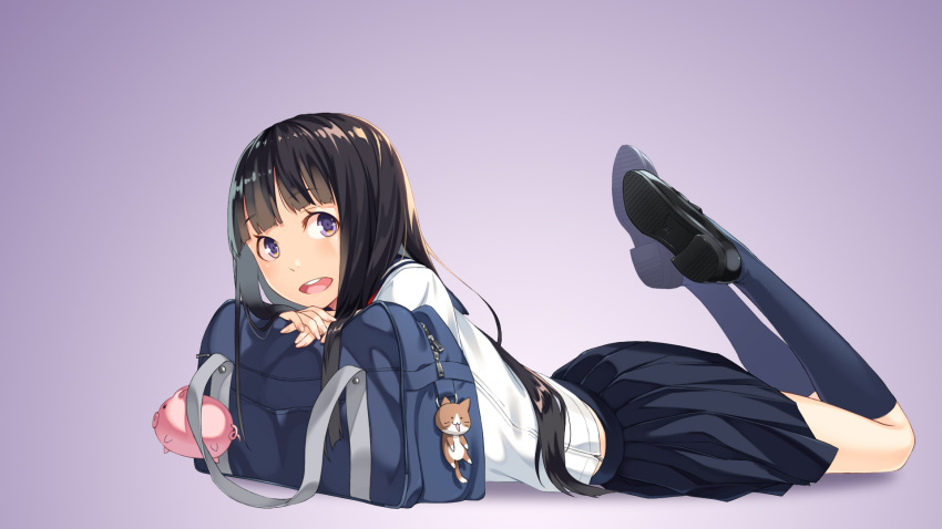 animal black_hair blush cat gradient kimura_(ykimu) kneehighs long_hair original purple_eyes seifuku