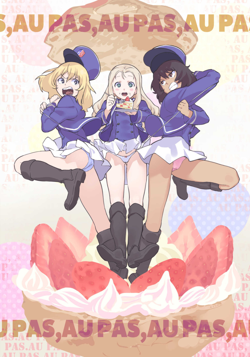 andou_(girls_und_panzer) angry ass bc_freedom_(emblem) bc_freedom_military_uniform black_footwear black_hair blonde_hair blue_eyes blue_hat blue_jacket blue_panties blue_vest blush_stickers boots bow bow_panties brown_eyes cake commentary_request cream cream_puff crotch_seam drill_hair eating emblem food food_on_face fork french frown fruit girls_und_panzer green_eyes grimace hat highres holding holding_fork jacket kitou_sakeru leg_up lifted_by_another long_hair long_sleeves looking_at_another looking_back marie_(girls_und_panzer) medium_hair messy_hair multiple_girls open_mouth oshida_(girls_und_panzer) oversized_object panties panty_lift pink_panties pleated_skirt saucer shako_cap skirt standing standing_on_one_leg strawberry strawberry_shortcake underwear v-shaped_eyebrows vest wedgie white_panties white_skirt
