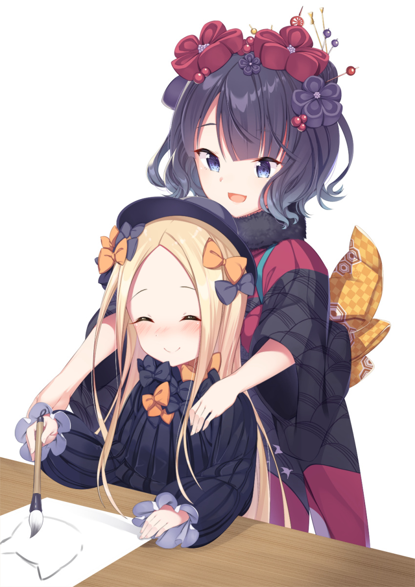 2girls :d ^_^ abigail_williams_(fate/grand_order) bangs black_bow black_dress black_hat black_kimono blonde_hair blue_eyes blush bow calligraphy_brush closed_eyes closed_mouth commentary_request drawing dress eyes_closed facing_viewer fate/grand_order fate_(series) fingernails forehead hair_bow hair_ornament hat highres holding holding_paintbrush japanese_clothes katsushika_hokusai_(fate/grand_order) kimono long_hair long_sleeves multiple_girls open_mouth orange_bow paintbrush parted_bangs polka_dot polka_dot_bow purple_hair smile table thiana0225 very_long_hair white_background wide_sleeves