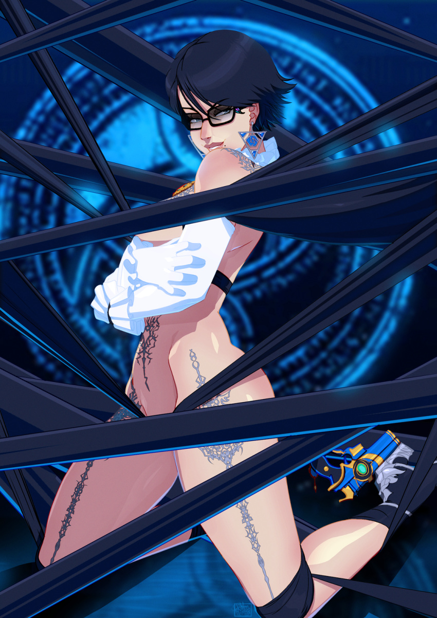 amulet ankle_boots ankle_gun bangs bayonetta bayonetta_(character) bayonetta_2 black-framed_eyewear blue_eyes boots breasts convenient_censoring crossed_arms earrings elbow_gloves eyeshadow full_body glasses gloves highres jewelry kneeling leg_tattoo lips long_legs magic_circle makeup medium_breasts mole mole_under_mouth nose ribbon short_hair shoulder_tattoo solo stomach_tattoo swept_bangs tattoo tovio_rogers white_gloves wrist_cuffs