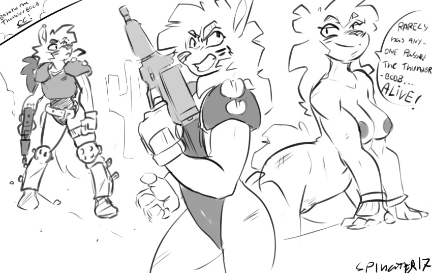 armor bandit breasts female gun hyena mammal nude post-apocalyptic pussy raider ranged_weapon simple_background sketch spinater video_games weapon