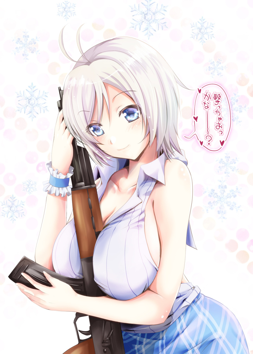 antenna_hair arino_hiroshi bare_shoulders between_breasts blue_eyes blush breasts cleavage closed_mouth collarbone collared_shirt dennou_shoujo_youtuber_shiro eyebrows_visible_through_hair frills gun heart highres holding holding_gun holding_weapon large_breasts object_hug shiro_(dennou_shoujo_youtuber_shiro) shirt short_hair smile snowflakes solo speech_bubble upper_body virtual_youtuber weapon white_hair white_shirt wing_collar wrist_cuffs