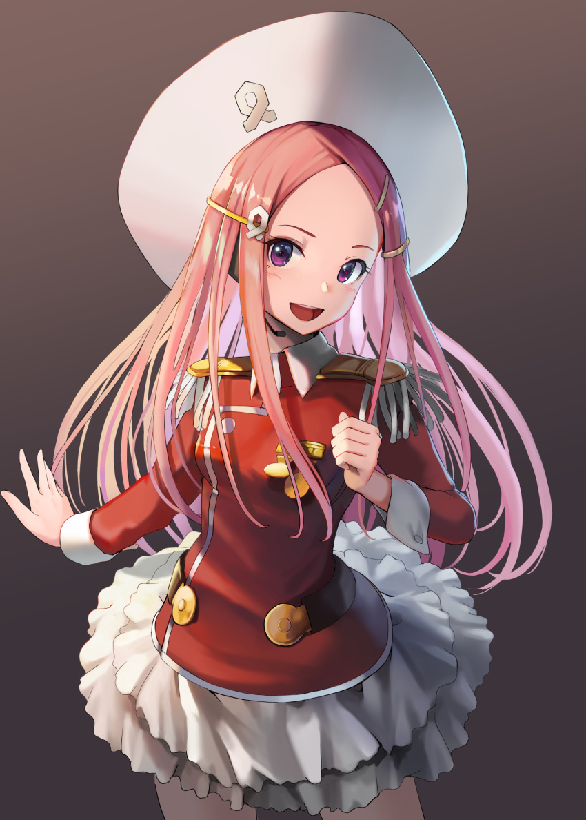 :d absurdres anemone_(eureka_seven) bangs blush clenched_hand cowboy_shot epaulettes eureka_seven eureka_seven_(series) forehead frilled_skirt frills gradient gradient_background hair_ornament hairclip hat headset highres jacket long_hair long_sleeves looking_at_viewer medal open_mouth outstretched_arm parted_bangs pink_hair purple_eyes red_jacket round_teeth skirt smile solo standing sunga2usagi teeth white_hat wrist_cuffs