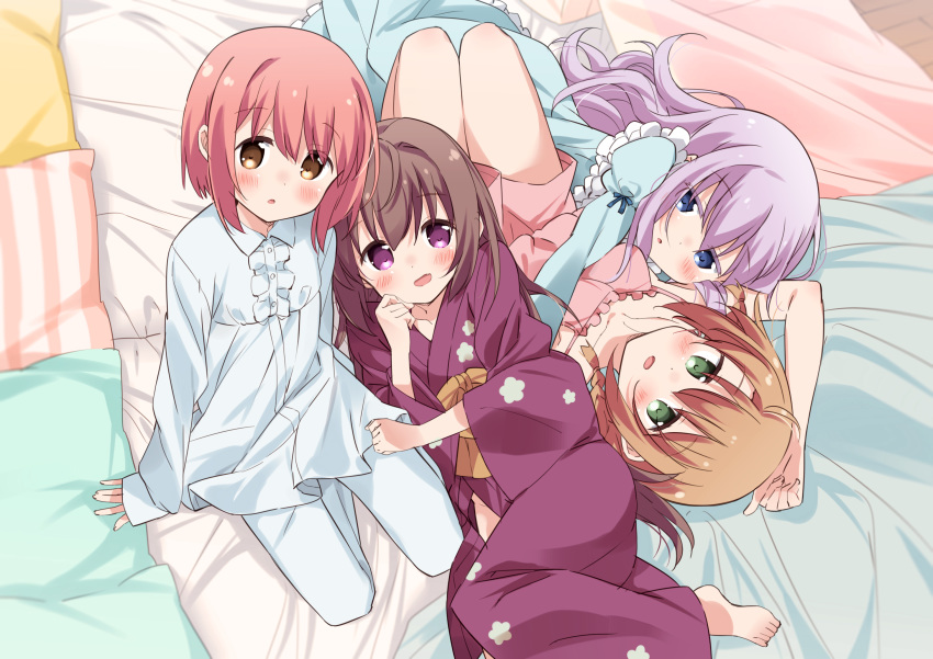:d :o bangs bed_sheet blue_dress blue_eyes blush breasts brown_eyes brown_hair center_frills collarbone commentary_request dress eyebrows_visible_through_hair fang floral_print frills green_eyes hair_between_eyes highres ichinose_hana japanese_clothes juliet_sleeves kimono lingerie long_hair long_sleeves looking_at_viewer medium_breasts momochi_tamate mousou_(mousou_temporary) multiple_girls negligee obi open_mouth panties parted_lips pillow print_kimono puffy_sleeves purple_eyes purple_hair purple_kimono sash sengoku_kamuri shirt short_hair sleeves_past_wrists slow_start smile tokura_eiko underwear very_long_hair white_panties white_shirt wide_sleeves