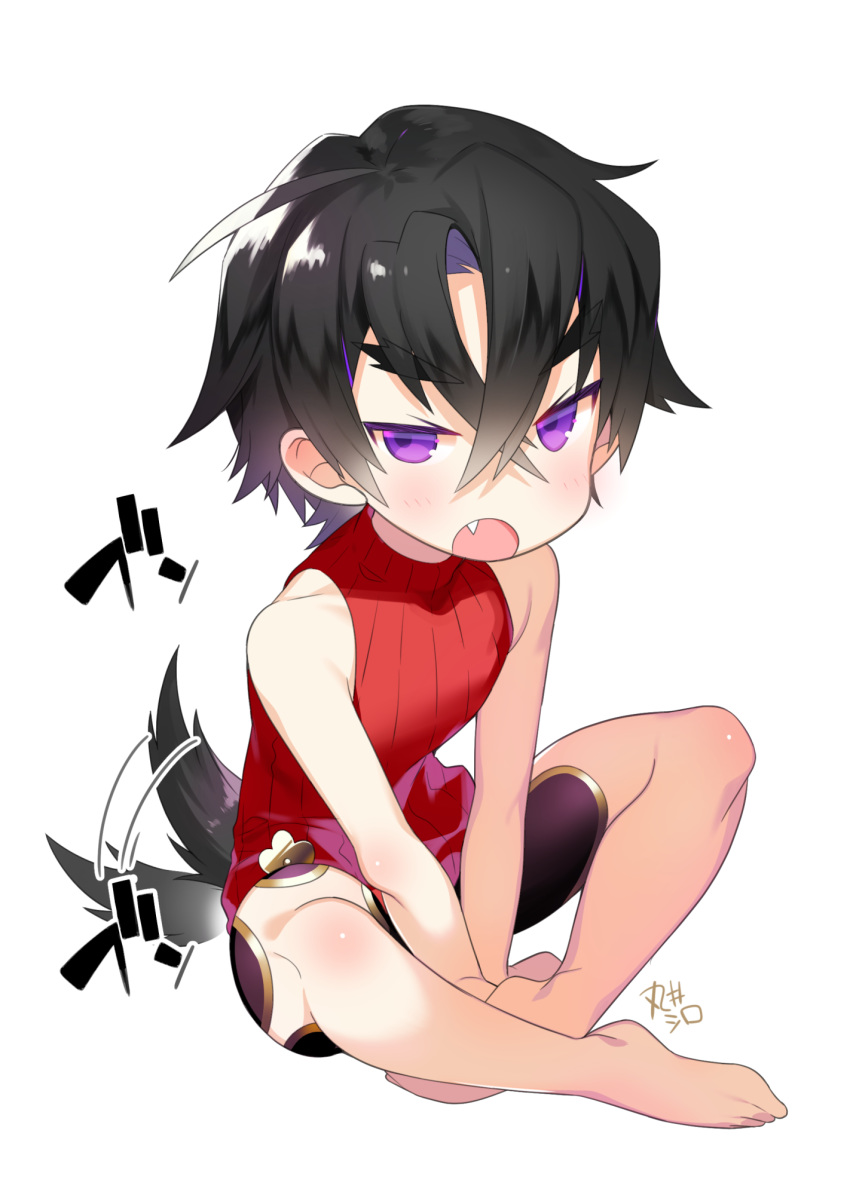 akemaru bangs black_hair blush child crossed_ankles eyebrows eyebrows_visible_through_hair fang forked_eyebrows full_body hair_between_eyes highres looking_at_viewer male_focus open_mouth original purple_eyes ribbed_sweater shota sitting solo sweater tail tsurime turtleneck