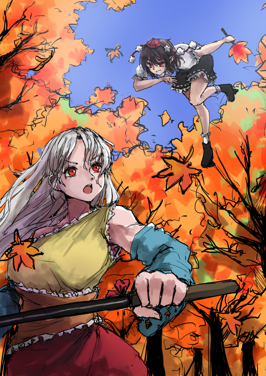 :o autumn autumn_leaves bare_arms bare_legs bare_shoulders bow brown_hair commentary day detached_sleeves dress eyebrows_visible_through_hair floating geta hat hatchet hauchiwa highres holding kourou_(kouroukun) leaf long_hair looking_at_another looking_back looking_down looking_up maple_leaf multicolored multicolored_clothes multicolored_dress multiple_girls open_mouth outdoors pointy_ears pom_pom_(clothes) puffy_short_sleeves puffy_sleeves red_eyes sakata_nemuno shameimaru_aya shirt short_hair short_sleeves silver_hair single_strap sketch skirt smile standing tokin_hat touhou tree v-shaped_eyebrows white_shirt