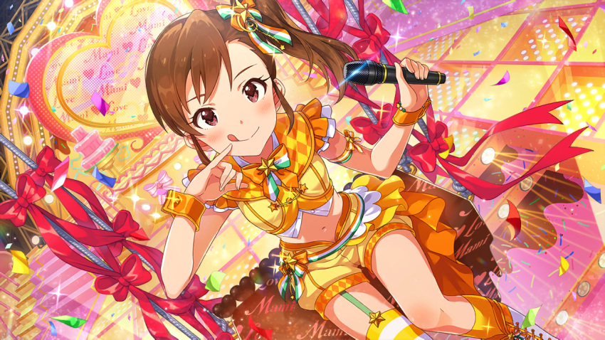 blush brown_hair dress futami_mami idolmaster idolmaster_million_live! idolmaster_million_live!_theater_days long_hair side_ponytail smile violet_eyes