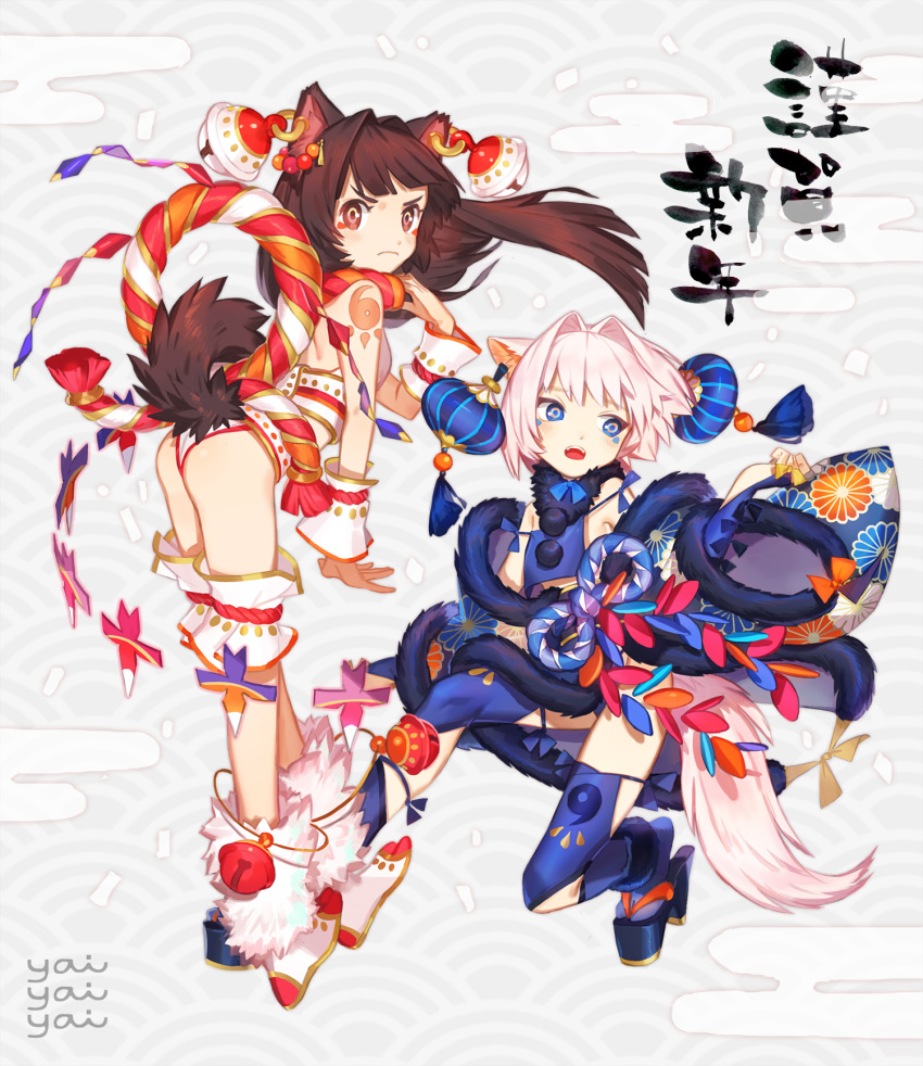 animal_ears artist_name ass bad_id bad_pixiv_id bangs bare_shoulders bell black_legwear blue_eyes blue_footwear blush boots breasts bridal_gauntlets brown_eyes brown_hair chinese_zodiac closed_mouth commentary_request dog_ears dog_girl dog_tail ear_piercing egasumi facial_mark frown fur-trimmed_sleeves fur_collar fur_trim hair_intakes hair_ornament highres jingle_bell leaning_forward long_hair long_sleeves multiple_girls open_mouth original piercing platform_footwear platform_heels revealing_clothes rope seigaiha shimenawa short_hair silver_hair small_breasts tail thighhighs translation_request white_footwear wide_sleeves yai_(hachihito) year_of_the_dog zouri