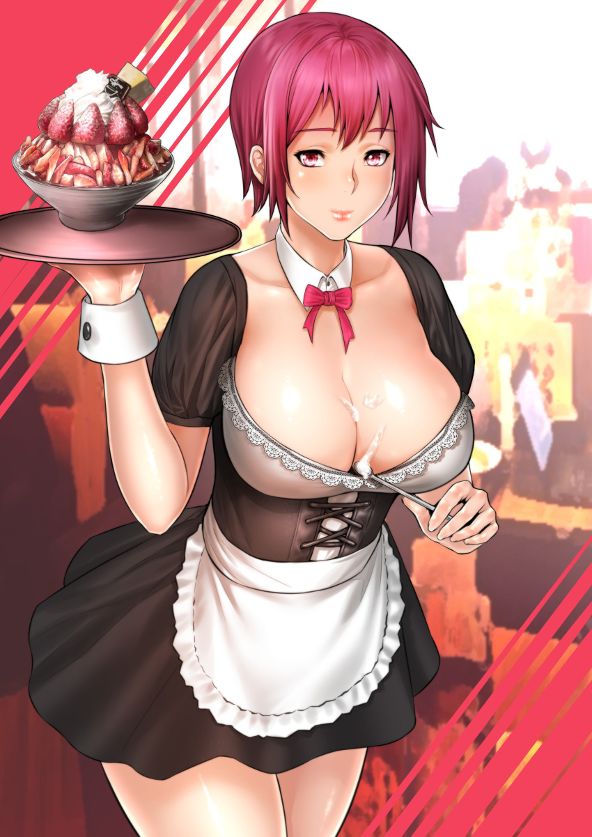 1girl absurdres apron bangs bow breasts cleavage closed_mouth comic commentary_request dessert detached_collar food fruit highres holding holding_tray indoors large_breasts legs looking_at_viewer maid maid_apron maid_cafe maid_dress original plate red_bow red_eyes red_hair restaurant short_hair smile spoon strawberry tray trickster_(artist) underbust waitress whipped_cream wrist_cuffs