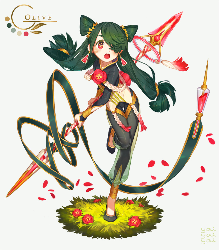 bad_id bad_pixiv_id black_bodysuit black_footwear blush bodysuit earrings facial_mark flower flower-shaped_pupils full_body green_hair green_ribbon grey_background hair_over_one_eye highres holding holding_spear holding_weapon jewelry long_hair long_sleeves low-tied_long_hair low_twintails open_mouth original petals polearm red_eyes red_flower ribbon see-through shoes sleeves_past_wrists solo spear standing standing_on_one_leg twintails two_side_up upper_teeth very_long_hair weapon yai_(hachihito)