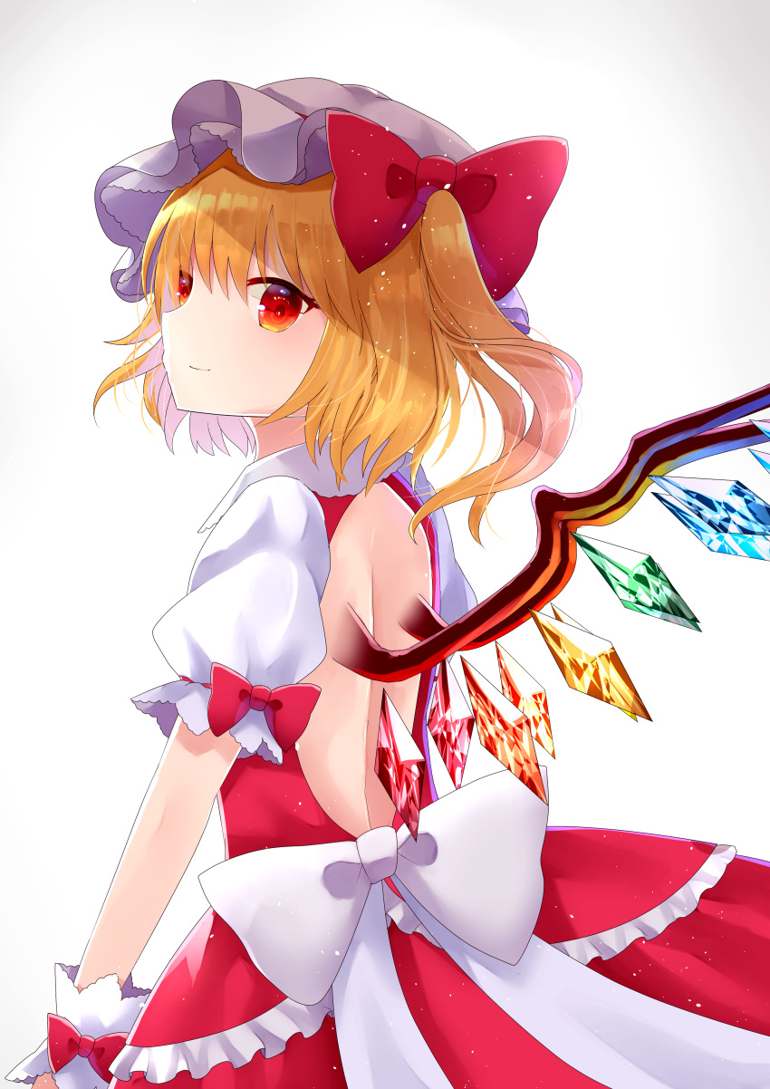 absurdres back back_cutout backless_dress backless_outfit blonde_hair bow closed_mouth crystal dress flandre_scarlet frilled_dress frills from_behind hair_bow hat highres layered_dress looking_at_viewer looking_back mob_cap one_side_up puffy_nipples puffy_short_sleeves puffy_sleeves red_bow red_dress sakipsakip short_hair short_sleeves simple_background smile solo touhou upper_body white_background white_bow white_hat wings wrist_cuffs