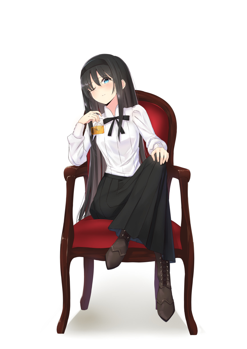 absurdres armchair black_hair black_hairband black_skirt blue_eyes blush boots brown_footwear chair commentary_request cross-laced_footwear crossed_legs cup drink drinking_glass hairband highres holding holding_cup i.f.s.f ice ice_cube lace-up_boots long_hair long_skirt long_sleeves one_eye_closed parted_lips pleated_skirt shirt simple_background sitting skirt solo toono_akiha tsukihime very_long_hair white_background white_shirt