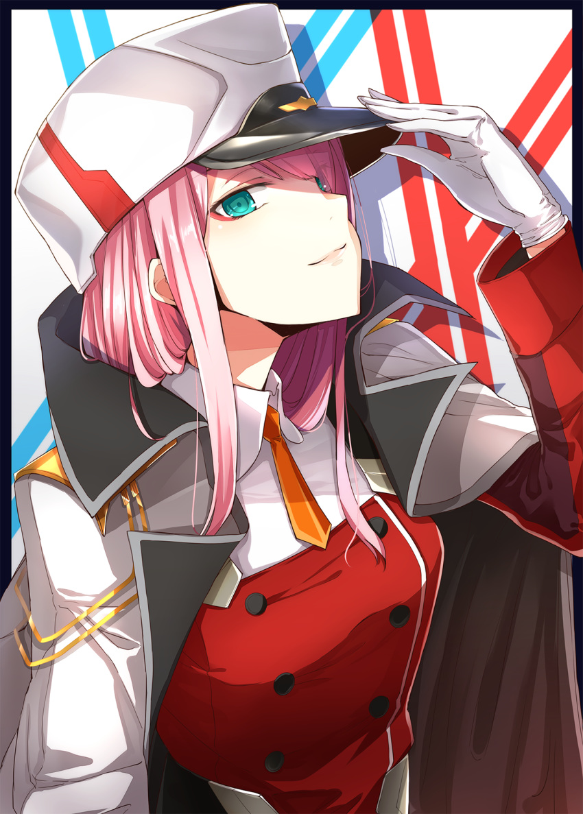 aqua_eyes breasts dabadhi darling_in_the_franxx double-breasted eyebrows_visible_through_hair eyeshadow gloves hand_on_headwear hat highres jacket_on_shoulders looking_to_the_side makeup medium_breasts military military_hat military_uniform orange_neckwear pink_hair shiny shiny_hair solo straight_hair uniform white_gloves zero_two_(darling_in_the_franxx)