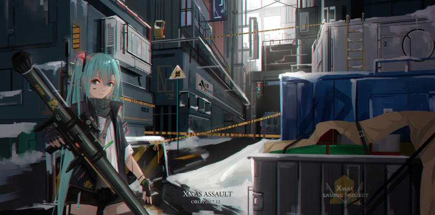 absurdres aqua_eyes aqua_hair bazooka commentary_request container fingerless_gloves gloves hatsune_miku highres holding holding_weapon industrial ladder long_hair orga_(pixiv13765813) scarf shorts sign snow solo twintails very_long_hair vocaloid weapon