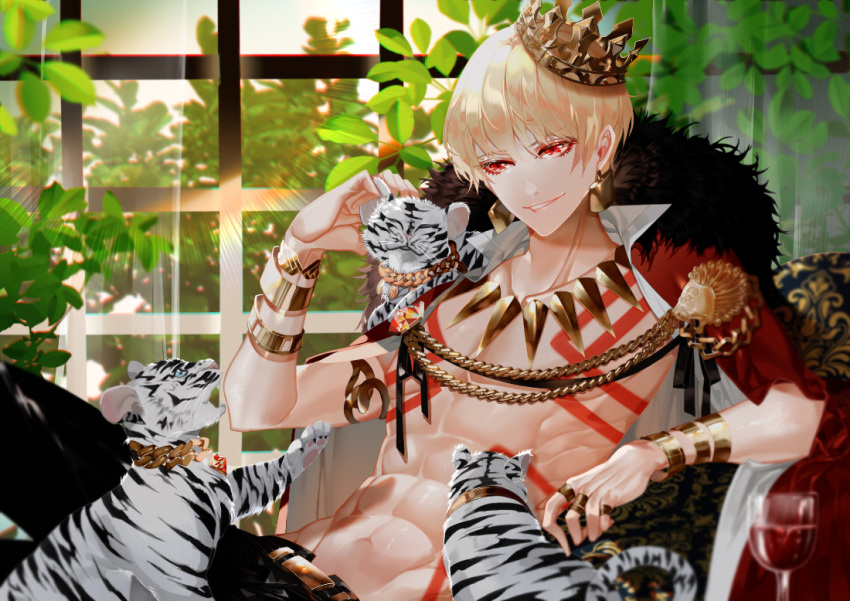 abs alcohol animal arm_support bangle bangs black_pants blonde_hair bracelet cape cat collarbone crown cup drinking_glass earrings fate/grand_order fate_(series) gilgamesh indoors jewelry leaf leaning_back lens_flare looking_at_viewer male_focus navel necklace pants parted_lips petting ring shei99 shirt_lift sitting solo sunlight tattoo whiskers window wine wine_glass